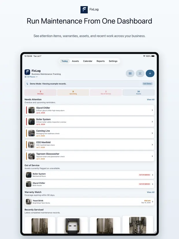 Tendory dashboard showing home reminders, recent work, and maintenance overview