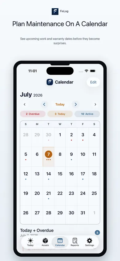 Tendory calendar screen showing maintenance reminders